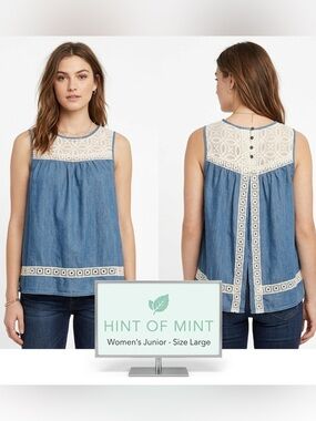 Hint of Mint Chambray Sleeveless Lace Top Junior Large